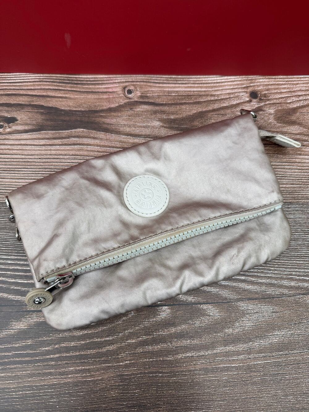 Kipling Lynne Convertible Foldover Clutch Metallic Silver Nylon Pouch